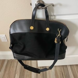 Dooney & Bourke - leather/canvas black bag 13” h, base 9.5”x17.5” - strap